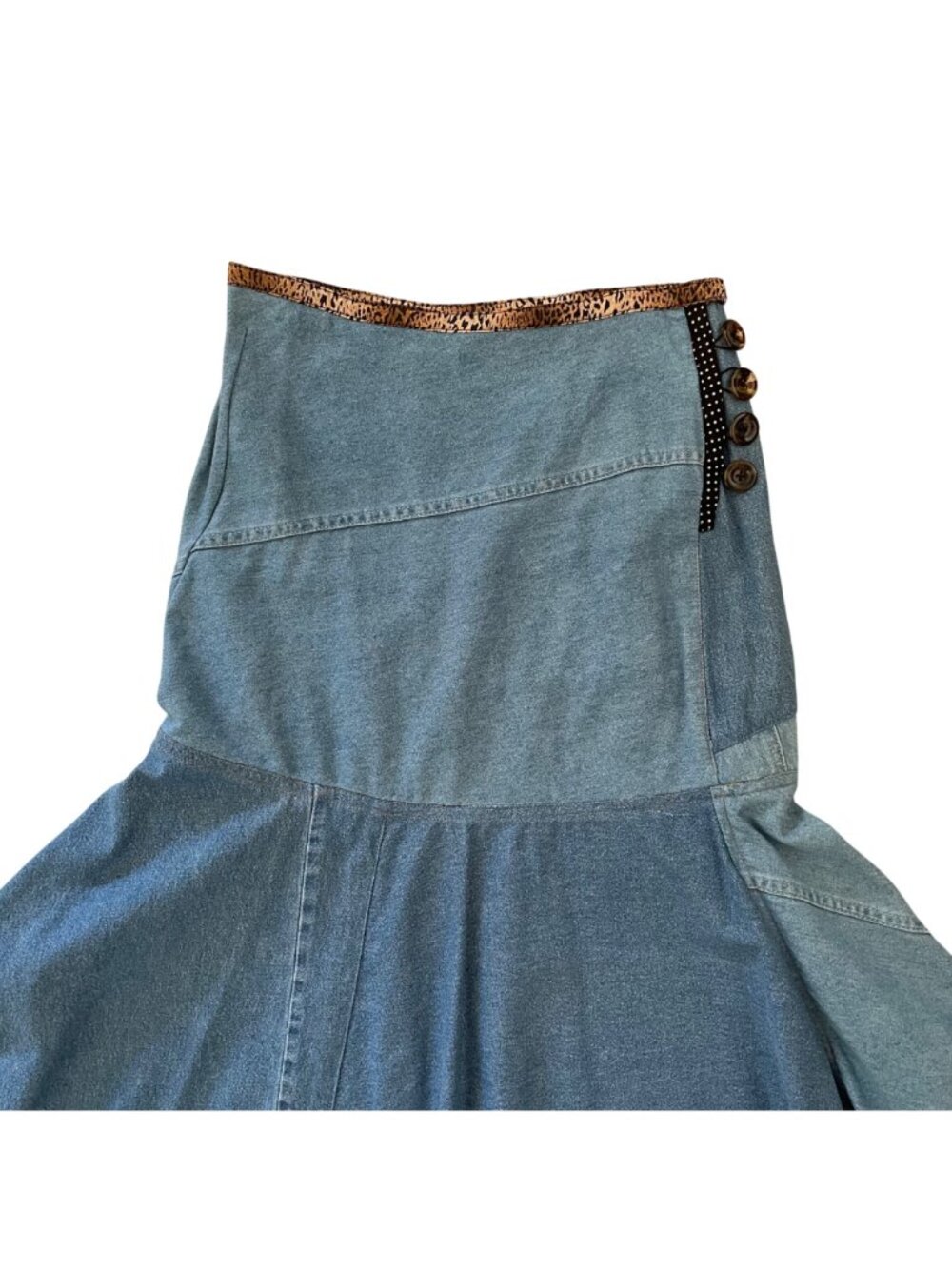 Womens One of a Kind Designer Made Denim Skirt with Leopard Print Trim Sz 2 - Picture 9 of 11